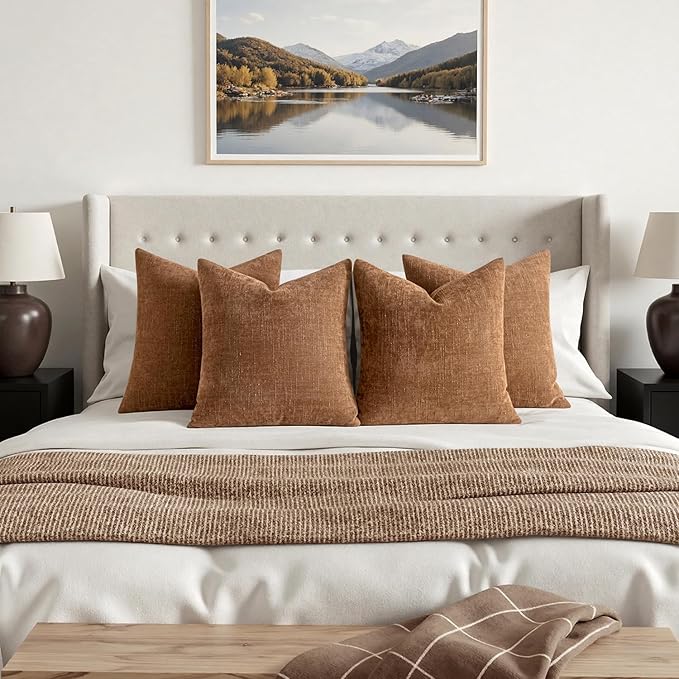 MIULEE Pack of 4 Decorative Throw Pillow Covers 18x18 Inch Camel Chenille Textured Throw Pillows Boho Farmhouse Accent Cushion Covers for Modern Home Decor Couch Sofa Bed Living Room