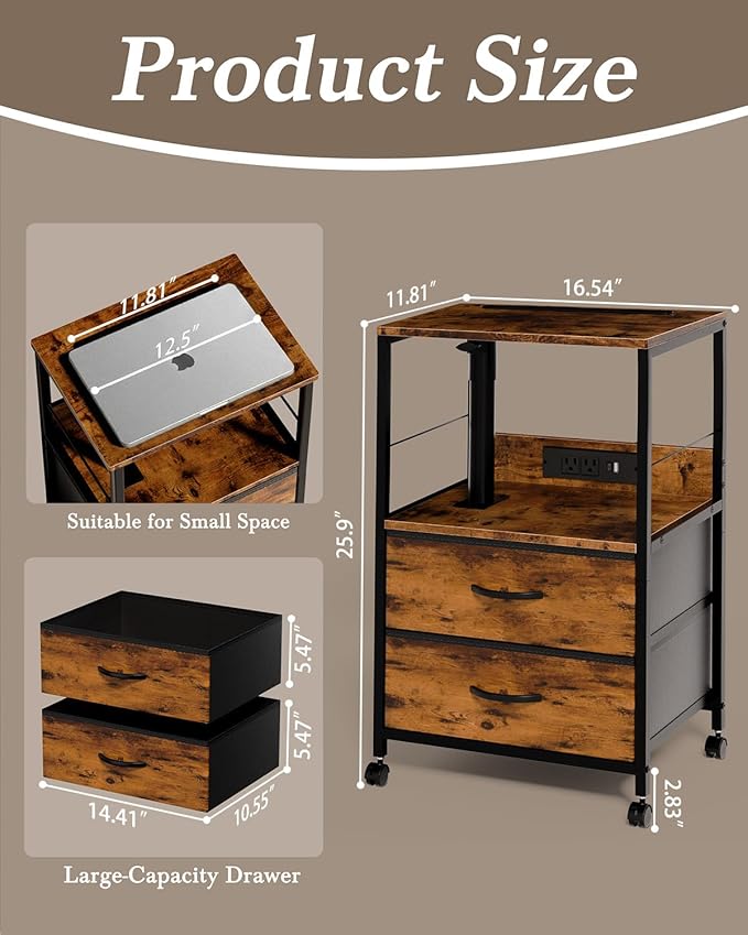 360° Swivel Nightstand with Height Adjustable, Lift Top Bedside Table with Charging Station, Rolling Night Stand with 2 Fabric Drawers, End Table with Wheels, for Bedroom, Living Room, Rustic Brown