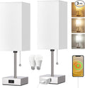 Dott Arts Touch Control Bedside Lamp, 3 Way Dimmable Nightstand Lamp with 2 USB Ports & AC Outlet, Modern Style, White Fabric Shade