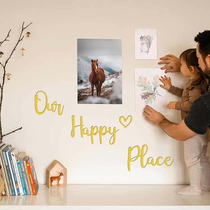 Our Happy Place Sign Metal Wall Decor Hanging Art Words Home Decor for Patio, Living Room, Bedroom, Kitchen, Bathroom and More, Gold