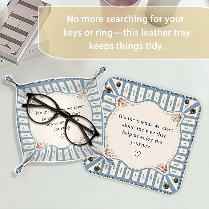 Friends Friendship Gifts for Women Leather Jewelry Valet Tray, BFF Bestie Gifts PU Leather Catchall Beside Caddy Nightstand Organizer Tray for Jewelry Rings Watches Keys, 7.8x7.8inch