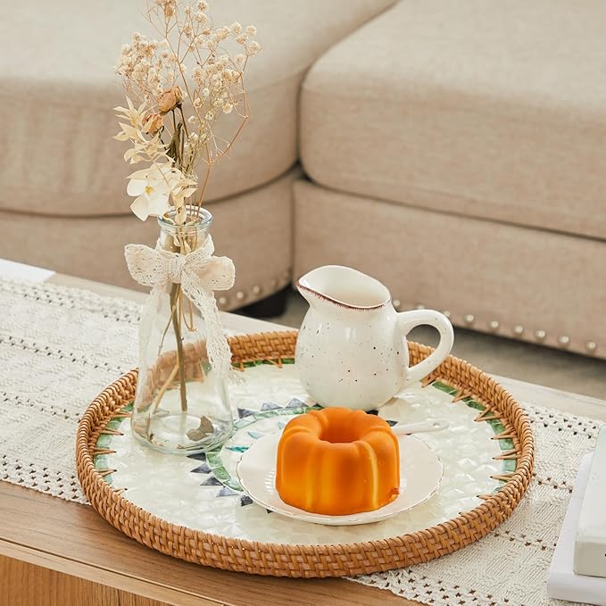Shellac Rattan Tray with Mother of Pearl Inlay, Round Decorative Serving Tray for Home Décor Coffee Table Storage and Display Ottoman Tray, 100% Natural Materials - Mix Color 13.5"