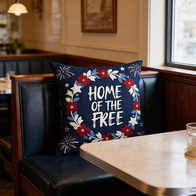 Patriotic Throw Pillow Covers, Home of the Free Floral Design, Linen, 18x18 Inch, Set of 2, Farmhouse Style, Living Room Decor，July 4th Independence Day Pillowcase Series