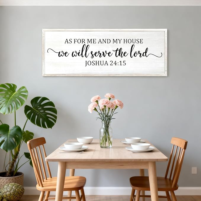 As For Me And My House We Will Serve The Lord Framed Wall Art, 40''×15'' Positive Religious Rustic Bible Verse for Christian God Jesus Christ Prayer, Vintage Horizontal Holy Catholic Scripture Decor