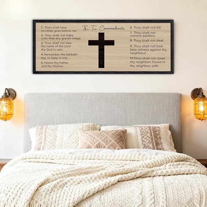 Ten Commandments Rustic Bible Verse Framed Wall Art 40" x 15" Black Religious Christian Slogan Representing God Jesus Christ Prayer Vintage Holy Inspirational Catholic Scripture Decor
