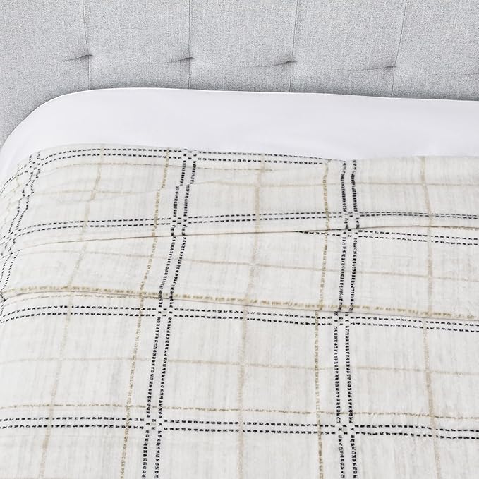 Soft Cozy 120x138 Inches Seamless Oversized King Fleece Blanket, Line Pattern Giant Huge, Extra Large 10'x11.5', California King Blanket for Sofa, Family, Travel, Line Ivory Grey