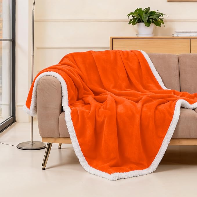 BEAUTEX Orange Sherpa Fleece Throw Blankets, Soft Fluffy Flannel Plush Blanket and Throw, Fuzzy Cozy Fall Halloween Blankets for Couch Bed Sofa Adults (50" x 60",)