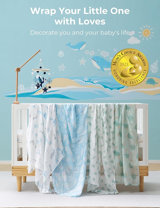 Momcozy Muslin Swaddle Blankets, 4-Pack Breathable and Skin-Friendly Receiving Blankets, Best Wishes Swaddle Blanket Shower Gifts & Baby Registry Essentials, Large 47"x47", Ocean Pixie Dream