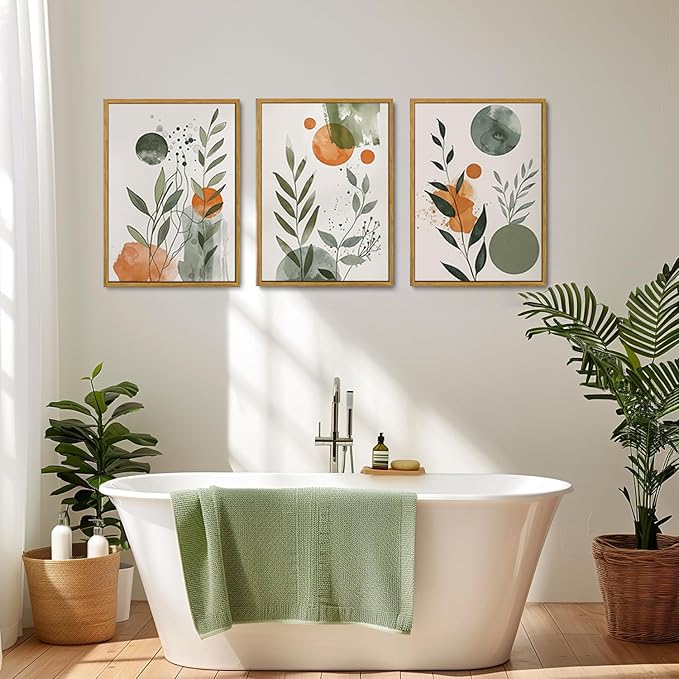 Wodkwq 3 Piece boho Abstract Botanical Canvas Wall Art Framed,Minimalist Watercolor Wall Art,Modern Nordic Wall Decor,Orange Sage Green Prints For Living Room,Bedroom,Office 12x16in