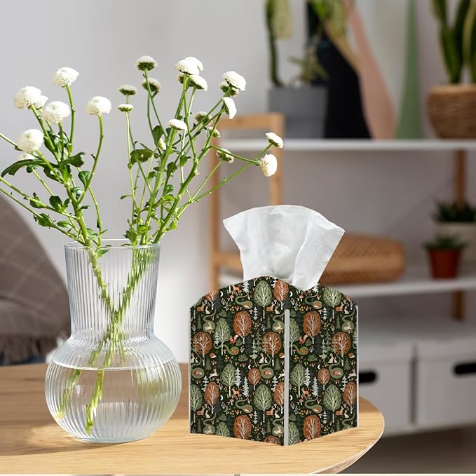 Tissue Box Cover, Tissue Box Holder, Square with Belt Bottom, PU Leather Decorative Organizer for Desk, Tabletop, Countertop Bathroom, Toilet Car, Office, Dresser Kitchen, Rabbit Deer Flower Decor