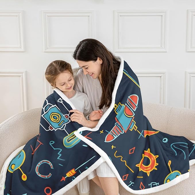 Erosebridal Nursery Robot Sherpa Blanket Cartoon Robot Blanket Throw Rocket Fleece Blanket for Kids Boys Girls Gear Machine Science Fuzzy Blanket Twin 60"x80" Blue Orange Child Sofa Decor