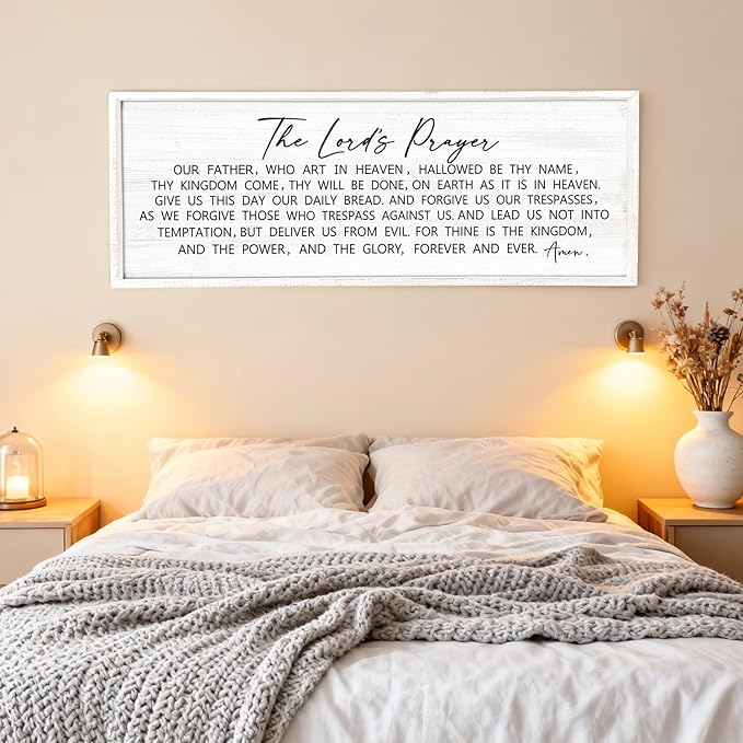 Our Father Prayer Bible Verse Framed Wall Art, 40''×15'' White Horizontal Religious Christian Lords Prayer Sign for God Jesus Christ Prayer, Rustic Holy Inspirational Catholic Scripture Decor