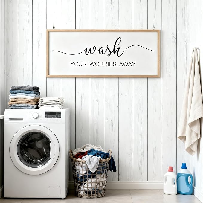 Foutcheou Funny Wash Your Worries Away Bathroom Wall Decor Sign 32x12 Inch Framed Wooden Wall Art with Inspirational Quote, Farmhouse for Home Laundry Room Guest Powder Room Wall Decor