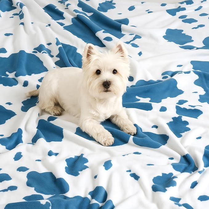 Cozy Bliss Cow Print Fuzzy Throw Blanket for Couch - Thick Soft Warm Non Shedding Fleece Blankets for Western Décor Room, for Kids, Women Men Girls, Teal Blue 50"*60"