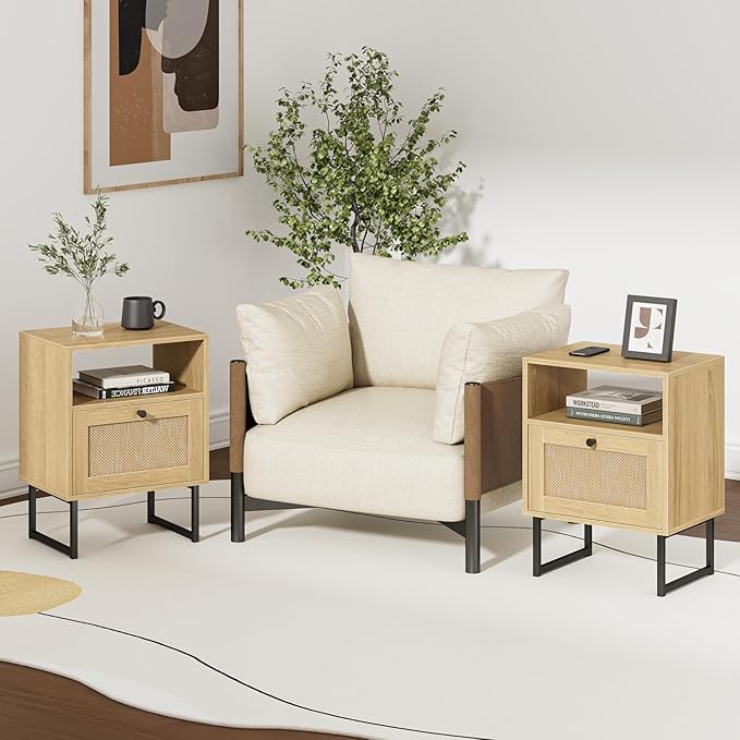 Masupu Extra Large Rattan Nightstand,Modern Boho Farmhouse Wood Bedside Table with Storage Drawer and Open Shelf, Black Frame Side End Table for Bedroom,Living Room,Office (Natural)