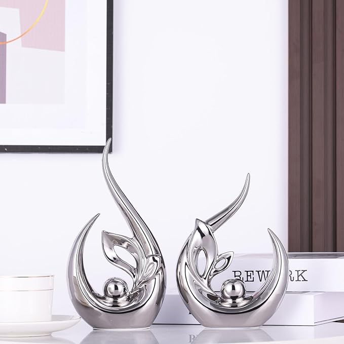 XMGZQ Silver Ceramic Statues for Home Décor Accents,Abstract Art Mid Century Modern Decor,Elegantes Centerpiece Table Decorations,Chrome Sculpture for Entryway,Shelf,Tv Stand,Mantel,Coffee Table