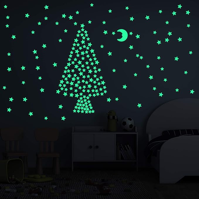 AM AMAONM Glow in The Dark Luminous Stars Fluorescent Noctilucent Plastic Wall Stickers Murals Decals for Home Art Decor Ceiling Wall Decorate Kids Babys Bedroom Room 100PCS Yellow Moon and Stars