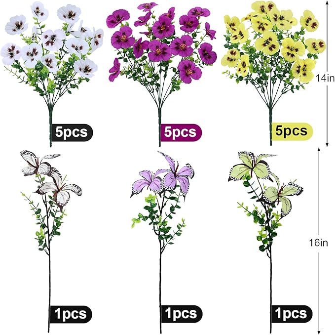 Artificial Flowers for Outdoor, 18 Bundles UV Resistant Faux Silk Pansy Flowers with Butterfly Accents, Realistic Fake Plants for Planters, Window Boxes & Grave Decor, 15 Bundles + 3 Butterflies