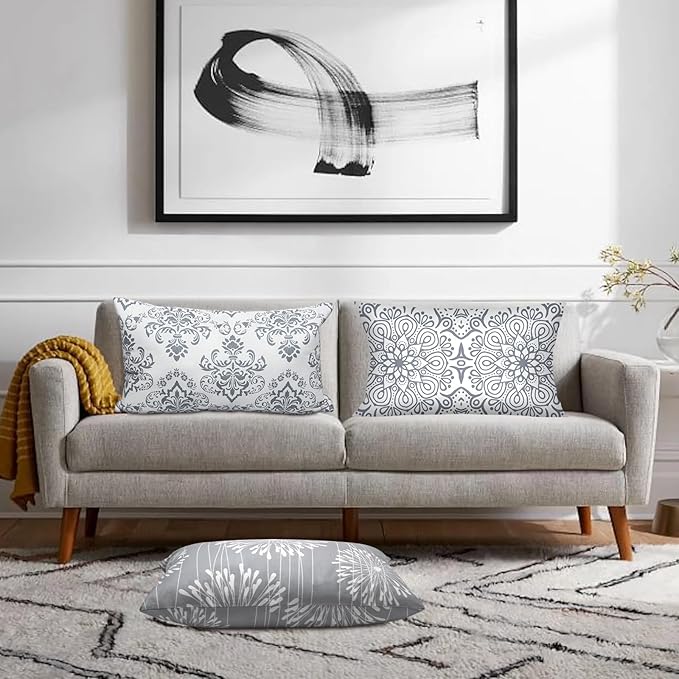 Coliuso Decorative Lumbar Pillow Covers 12x20 Set of 4, Grey and White Modern Simple Square Pillow Case Cushion Cover for Sofa Couch Farmhouse Living Room Bedroom Car(Gray and White)