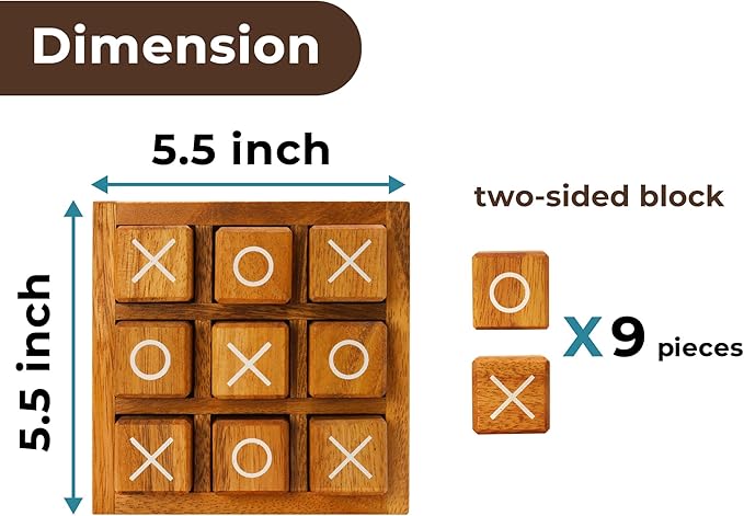 BSIRI Wooden XO Blocks Tic Tac Toe Travel Game Coffee Tabletop Family Living Room Decoration Games Night for Adults for Desk and Bookshelf Decor Unique Wood Gifts 5.5 Inch