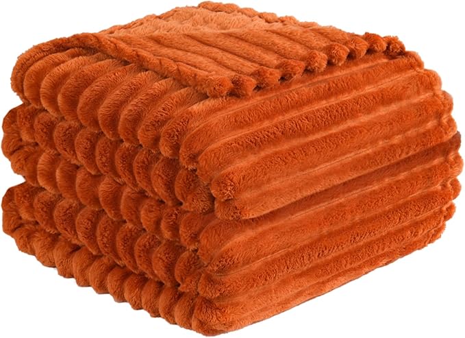 Vessia Flannel Fleece Orange Twin Blanket(60x80inch), 300GSM Striped Blanket for Adults and Kids, Super Soft Warm Cozy Lightweight Home Decor for All-Season