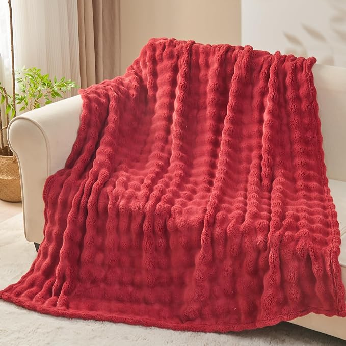 NEWCOSPLAY Twin Blanket for Couch Red Super Soft Flannel Fleece 3D Bubble Lightweight Bed Blanket All Season Use (Red, Twin(60"x80"))