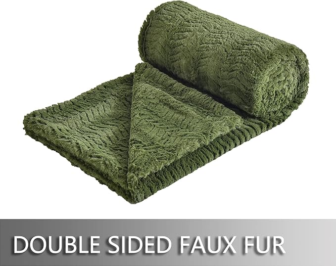 YUSOKI Luxury Faux Fur Blanket for Queen Size Bed 2 Layers,7.3lb,All Ages,Home Decoration Without Pillows (Olive Green,90"x90")