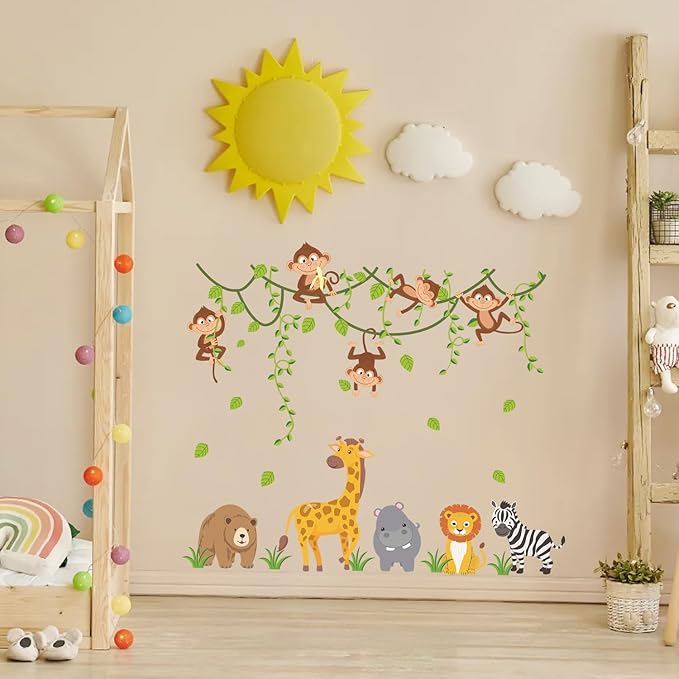 HLNIUC Jungle Themed Nursery Wall Decal 35”x24”Cartoon Safari Animals Wall Sticker Woodland Wildlife Monkey Giraffe Lion Window Cling Forest Tree Hanging Vine Room Stickers for Kids Room Bedroom Decor