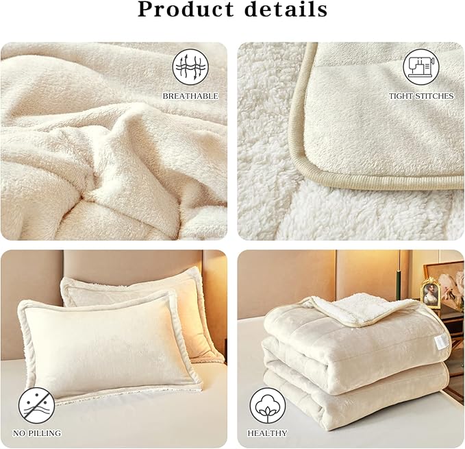 3-Layer Luxury Flannel Fleece Thick Bed Blanket Twin Size for Girls, Soft Plush Velvet Sherpa Blanket with 2 Pillow Shams Heavy Warm for Winter, Breathable n Washable, Cream White