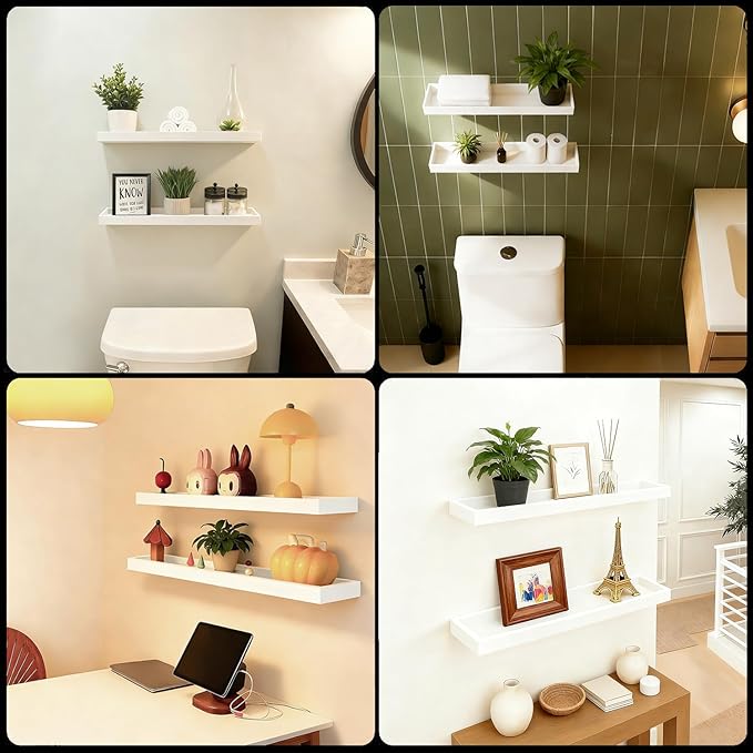 2 Pack 23.6 in White Floating Shelves for Wall, Wooden Wall Shelves for Bedroom Living Room Kitchen, Modern and Rustic Bathroom Shelves with Raised Lip, Decor Floating Shelf for Storage Display