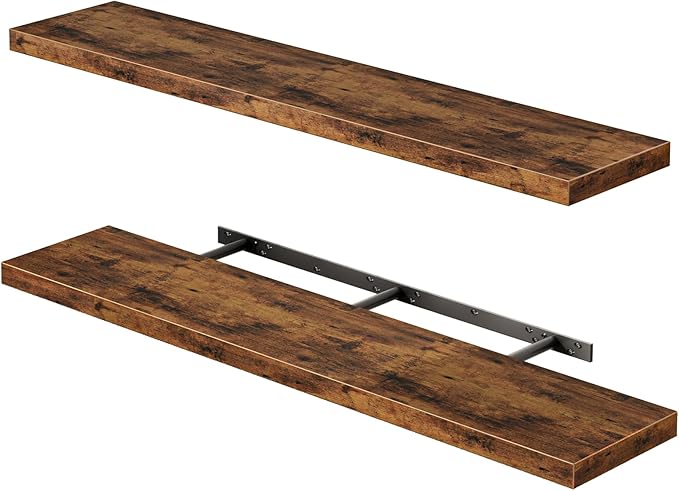 Fixwal Long Shelf for Wall, 47" Long Heavy Duty Wall Mounted Floating Shelves for Living Room, Bedroom, Bathroom and Kitchen, Wall Shelves for Storage, Books, Room Decor (Rustic Brown, Set of 2)
