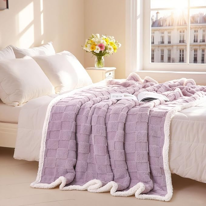 Sherpa Throw Blanket for Couch, Flannel Cozy Thick Soft Blanket for Bed - Fleece, Purple, 80x90 Inches