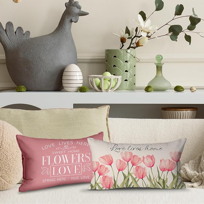 Pillow Covers 12x20 Inch Set of 4 Tulip Home Sweet Home Pink Throw Pillows Decorative Pillow Cases Hello Summer Spring Seasonal Farmhouse Decorations for Sofa Couch