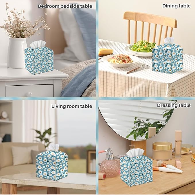 Tissue Box Cover, Tissue Box Holder, Square with Belt Bottom, PU Leather Decorative Organizer for Desk, Tabletop, Countertop Bathroom, Toilet Car, Bedside, Dresser Kitchen, Aesthetic Blue Flower Decor