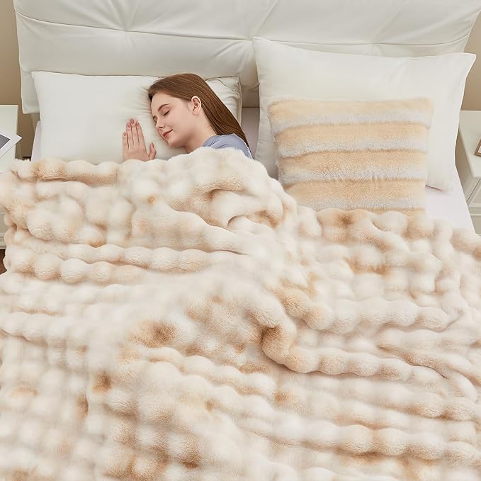 Faux Fur Throw Blanket, 1000GSM Fluffy Soft Bubble Blanket for Couch Bed, Cozy Plush Warm and Thick Rabbit Blanket for Living Room Bedroom 60''*80'' Tie-dye Brown