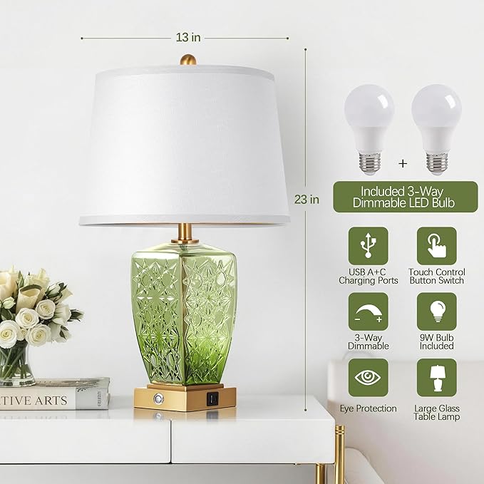 QiMH Glass Table Lamps for Living Room, Modern Bedside Lamps for Night Stands with USB A+C Ports, 3-Way Dimmable Touch Lamp for Bedroom Set of 2 with White Linen Shade Home Decor, Green