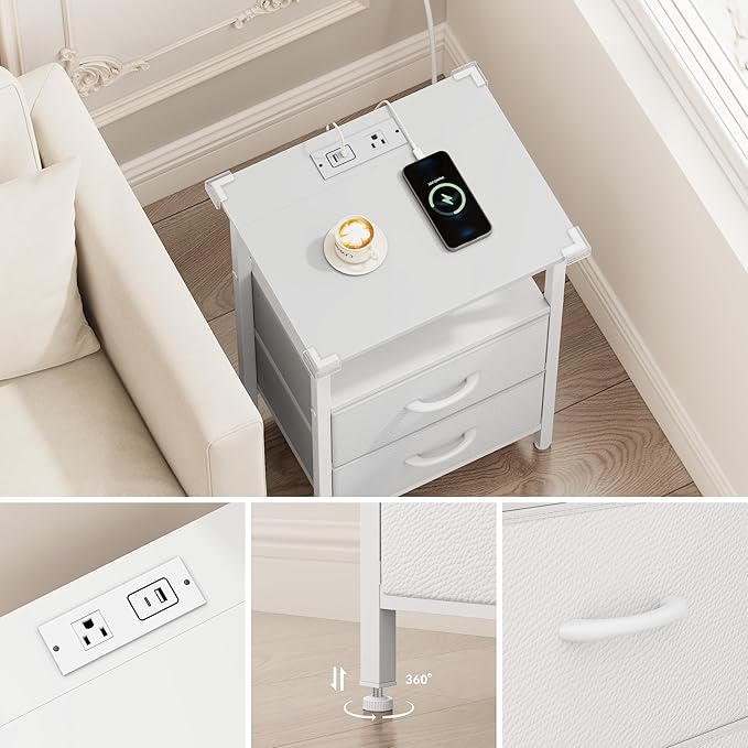 Vagusicc Nightstand Set 2 with Charging Station, End Table with Fabric Drawers, Bedside Table with Open Wood Shelf, 24.2" Tall Side Table with USB Ports & Outlets, Night Stand for Bedroom, White