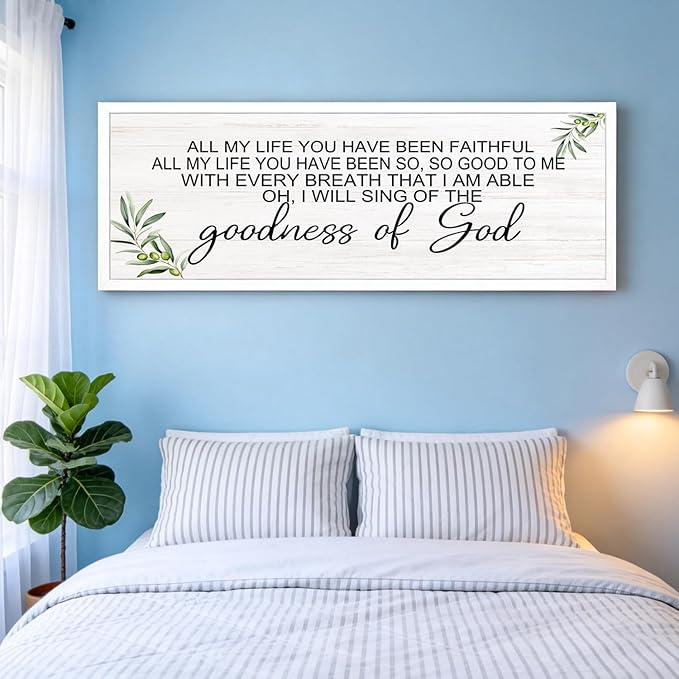 Goodness of God Christian Wall Decor: 40x15 Inch Large Framed Christian Inspirational Wall Art, Religious Scripture Quote Wooden Sign, Christian Home Decor for Living Room Bedroom, White