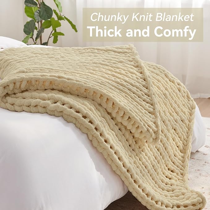 Chunky Knit Throw Blanket, 80''*90'' Knitted Throw Chenille Yarn for Bed Couch, Handmade Oatmeal Crochet Big Thick Blanket, Machine Washable Cute Comfy Blanket for Home Decor