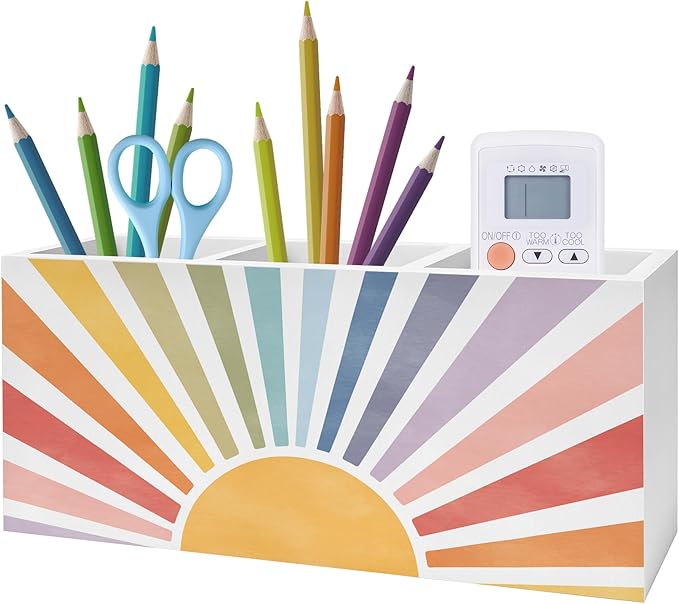 Boho Colorful Sunshine Pen Pencil Holder, Boho Desk Office Decor, Retro Rainbow Sun Sunrise Sunset Pencil Pen Holder Organizer for Home Office Desk Accessories