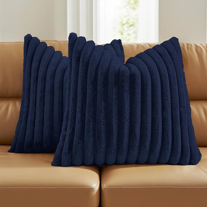 FUTEI Dark Navy Decorative Throw Pillow Covers Set of 2, 22x22 Inch Soft Fluffy Faux Fur Plush Striped Cushion Cases, Modern Home Decor for Couch Bed Living Room