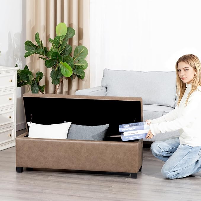 Homebeez 42" Faux Leather Storage Ottoman,End of Bed Bench,Upholstered Ottoman Bench with Storage for Living Room,Bedroom,Entryway