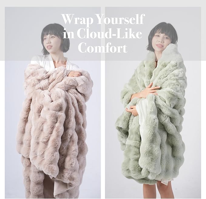 Super Comfort Oversized Warm Thick Bubble Luxury Plush Rabbit Faux Fur Throw Blanket, Fluffy Blanket,Soft Cozy Blanket for Couch Chair Bed Sofa Living Room (Sage Green, 50inX60in)