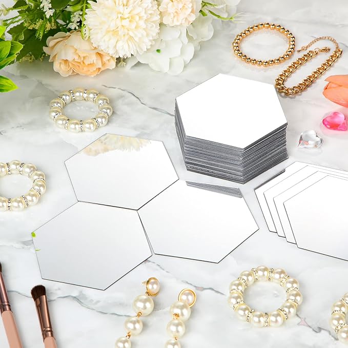 Maitys 72 Pcs Hexagon Mirror Wall Stickers Decal Removable Acrylic Mirror Sticky Decor for Bedroom Living Room Home Decor DIY, Silver(3.94 x 3.43 x 1.97 Inch)