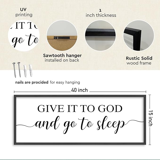 YWJKWLGS Give It To God And Go To Sleep Sign Large Bedroom Wall Decor Art 40x15 Inch Rustic Wooden Framed Above Over Bed for Peace Wall Hanging Plaque (Black)
