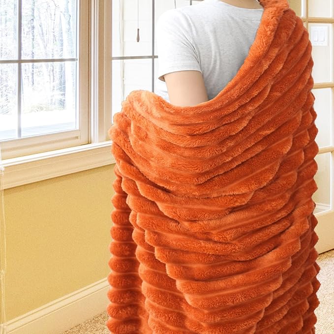 Vessia Flannel Fleece Orange Twin Blanket(60x80inch), 300GSM Striped Blanket for Adults and Kids, Super Soft Warm Cozy Lightweight Home Decor for All-Season