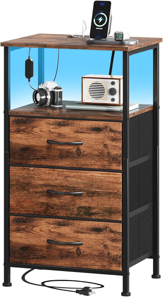 Somdot Tall Nightstand with Charging Station and LED Light for Bedroom, 3 Drawers Dresser with Fabric Bins for Bedside Kids Dorm Room Closet Laundry Entryway, Wood Grain Print