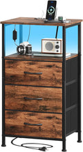 Somdot Tall Nightstand with Charging Station and LED Light for Bedroom, 3 Drawers Dresser with Fabric Bins for Bedside Kids Dorm Room Closet Laundry Entryway, Wood Grain Print