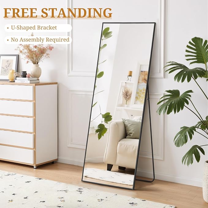 Full Length Mirror 58"x19" Full Body Mirror Rectangle Free Standing Wall Mounted Leaning Floor Mirrors with Stand Aluminum Alloy Frame for Bedroom Cloakroom, Black