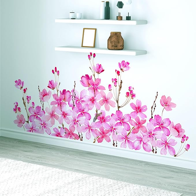 Cherry Blossom Flowers Wall Decals Peel and Stick, Large Floral Vinyl Wall Stickers, Removable Vine Home Decor Art for Bedroom Living Room Classroom Office